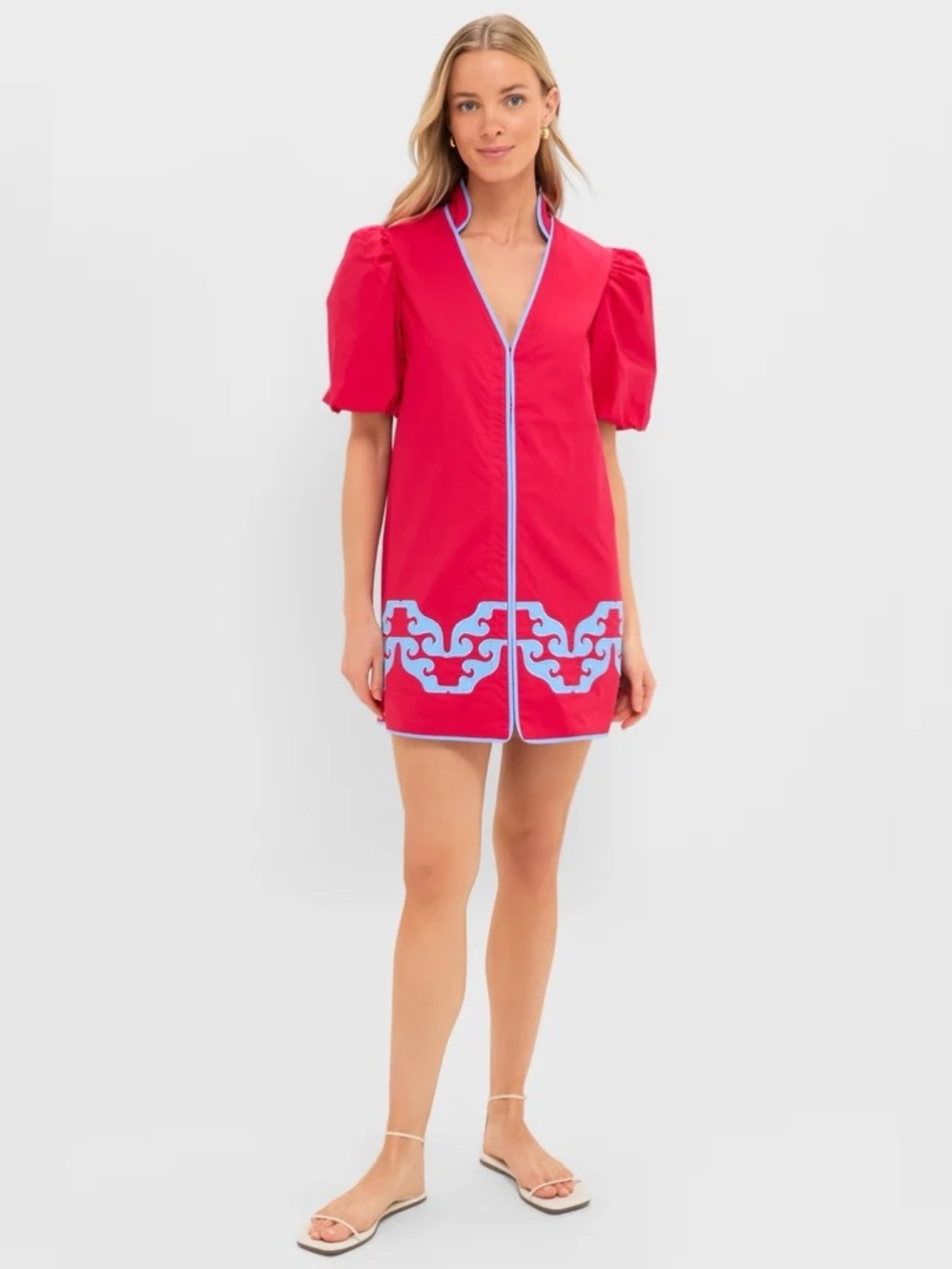 HYACINTH HOUSE Red & Cornflower Blue Embroidered Arem Caftan - Picture 6 of 11